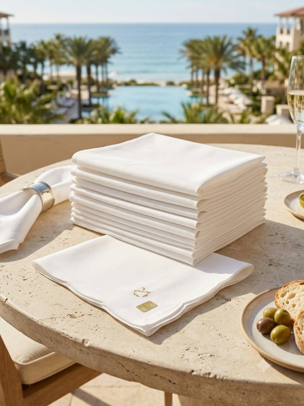 NWOT Set of 8 White 100% Cotton Floral Embroidered Scalloped Edges Napkins
